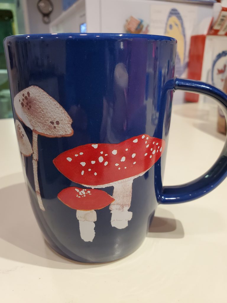 Blue mug with red-caped mushrooms on it.