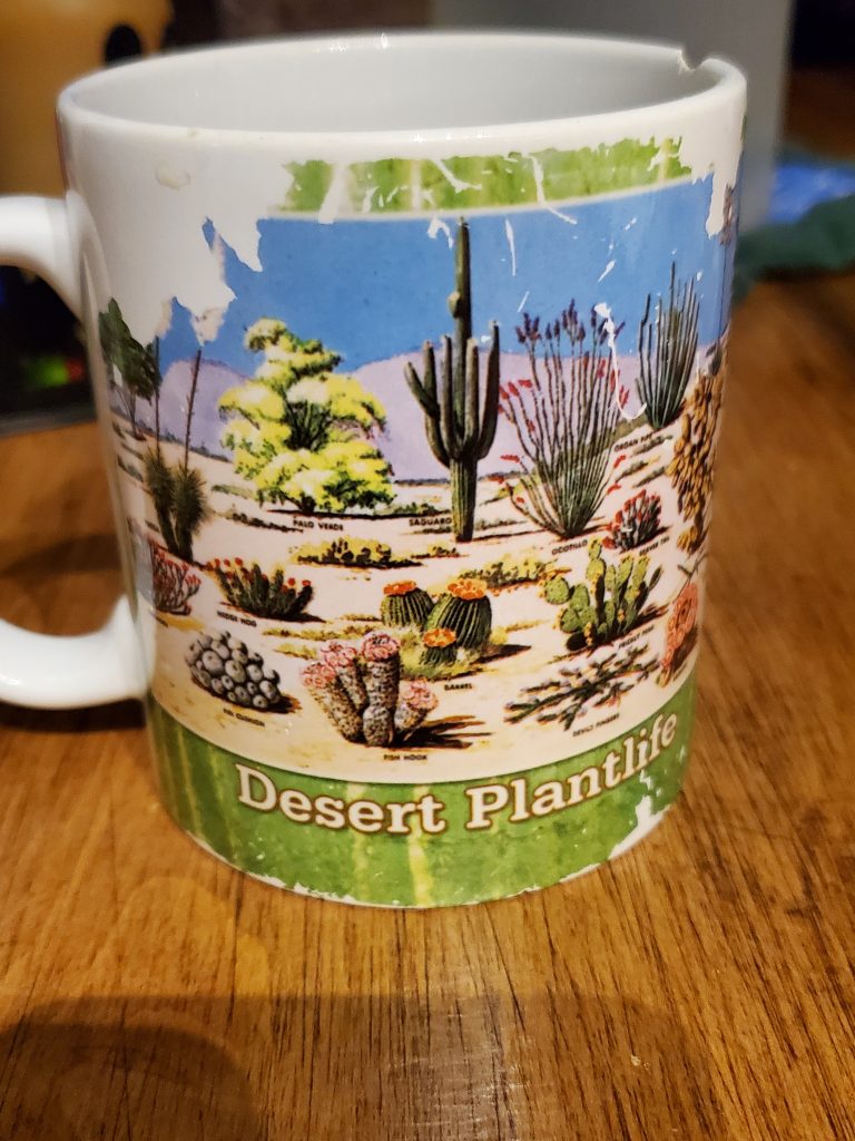 A mug with a desert scene of cacti and other plants.